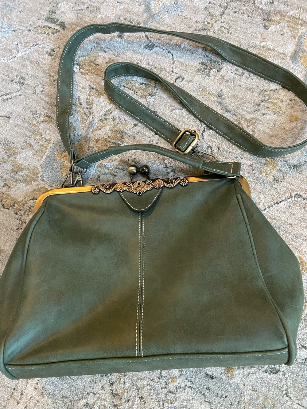 Olive Green Kiss-lock Bag with Decorative Trim and Removable Crossbody Strap - Picture 11 of 11